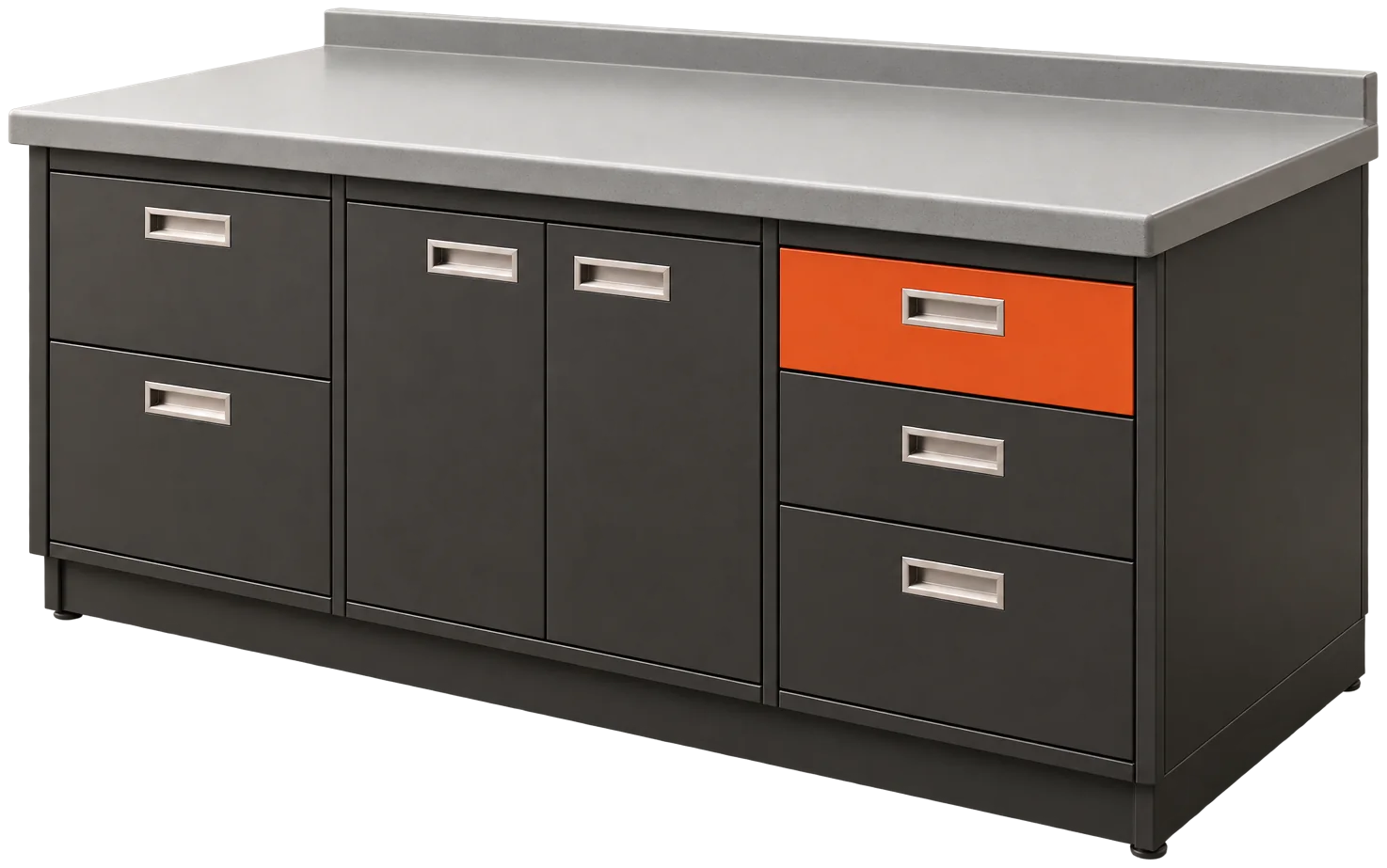 سکوی کار آزمایشگاهی با کابینت‌های گرافیتی و یک کشوی نارنجی